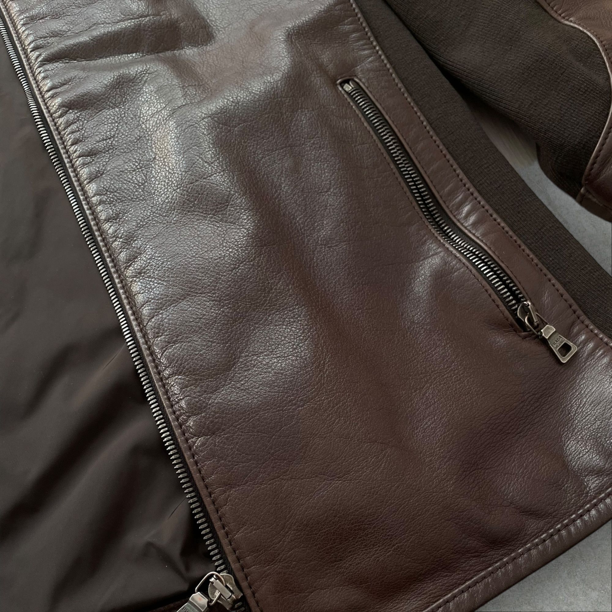 Prada Prada Leather Wool Chocolate Brown Bomber Jacket Size US L / EU 52-54 / 3 - 7 Thumbnail