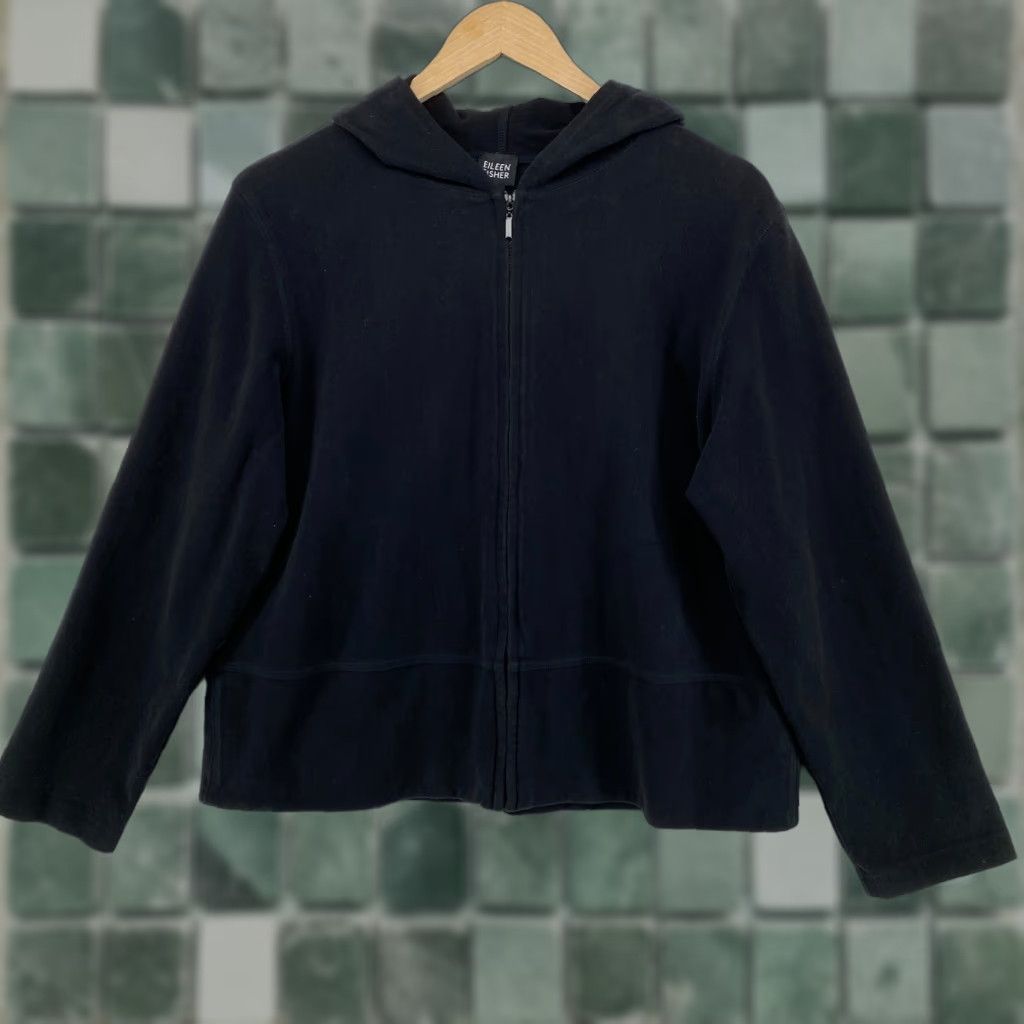 EILEEN FISHER Jacket L Hoodie Black Heavy Brushed Jersey Cotton Full Zip Boxy Hooded Pockets All Seasons