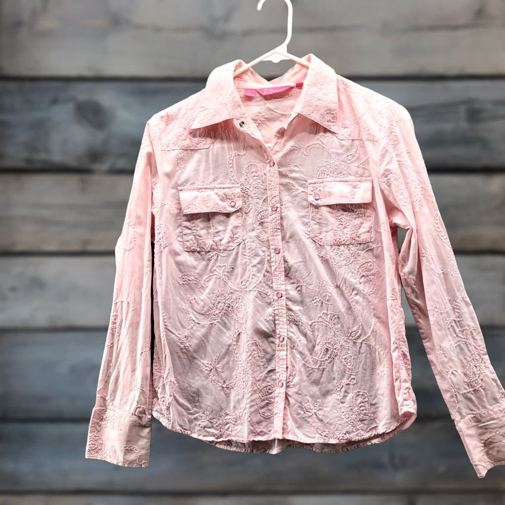 Vintage 7 Diamonds Shirt Womens L Pink Western Paisley Embroidered Long Sleeve Cotton Size L / US 10 / IT 46 - 1 Thumbnail