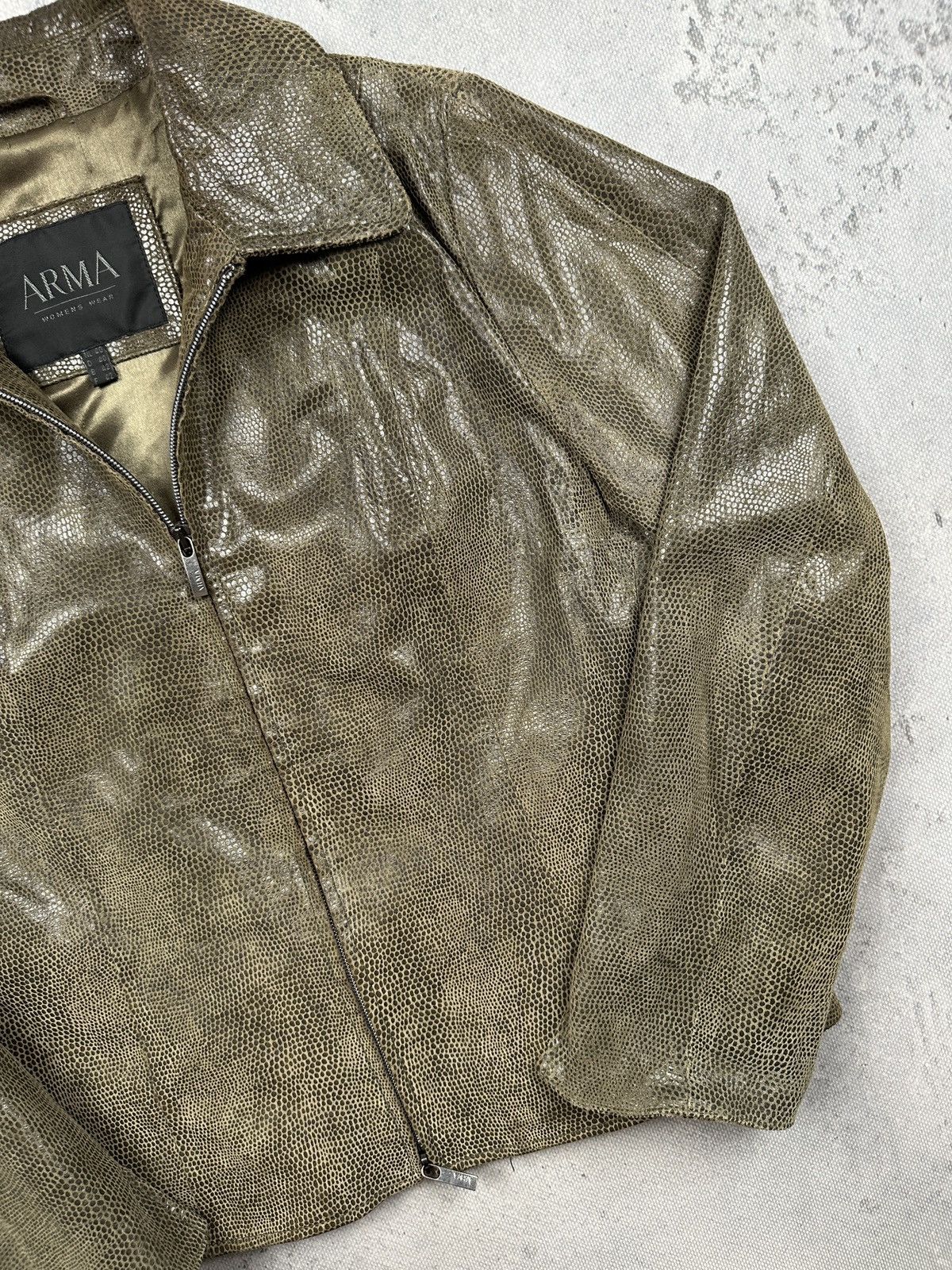 ARMA Arma Womens Croc Embossed Leather Jacket Olive Green Zip 90s Size M / US 6-8 / IT 42-44 - 4 Thumbnail