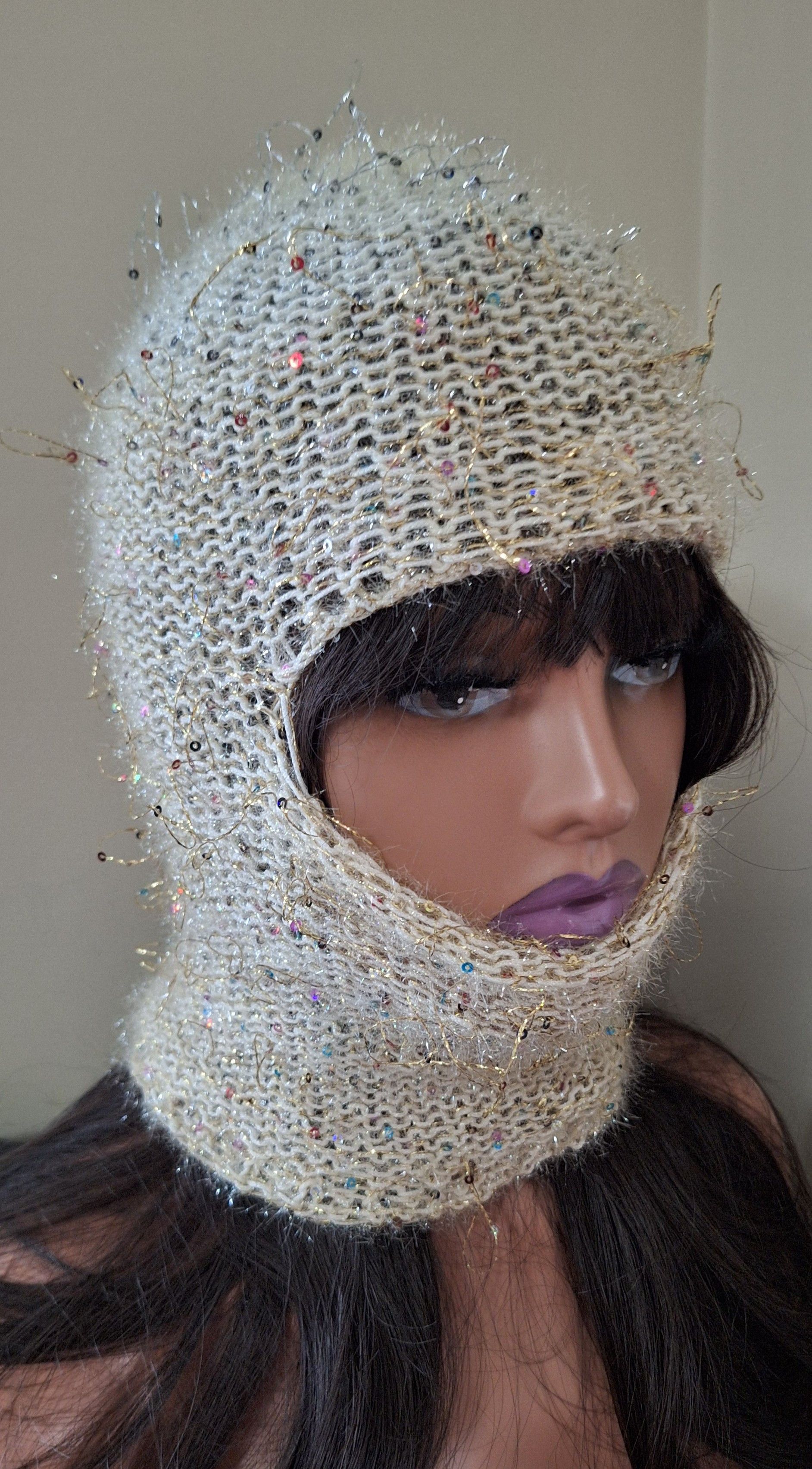 Other Cream Knit Hood w/ Sequins, Avantgarde Artwear , Tinsel Riot Size ONE SIZE - 3 Thumbnail