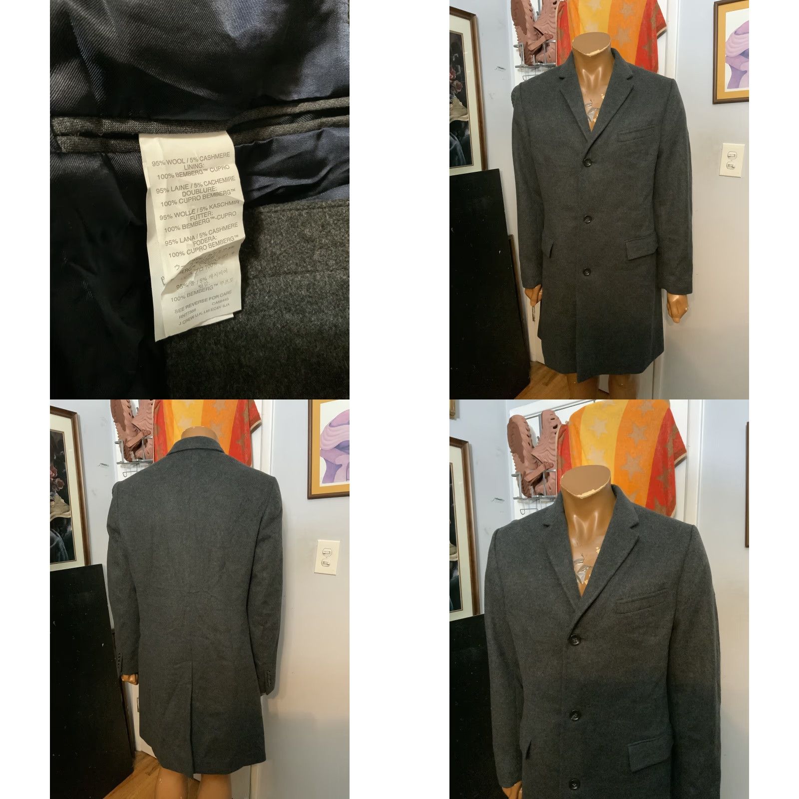 J.Crew VINTAGE J.CREW Overcoat Coat Mens 42L Charcoal Grey Wool Cashmere Long 95% Wool 5% Cashmere 05660 HO 2015 Size US XS / EU 42 / 0 - 8 Thumbnail