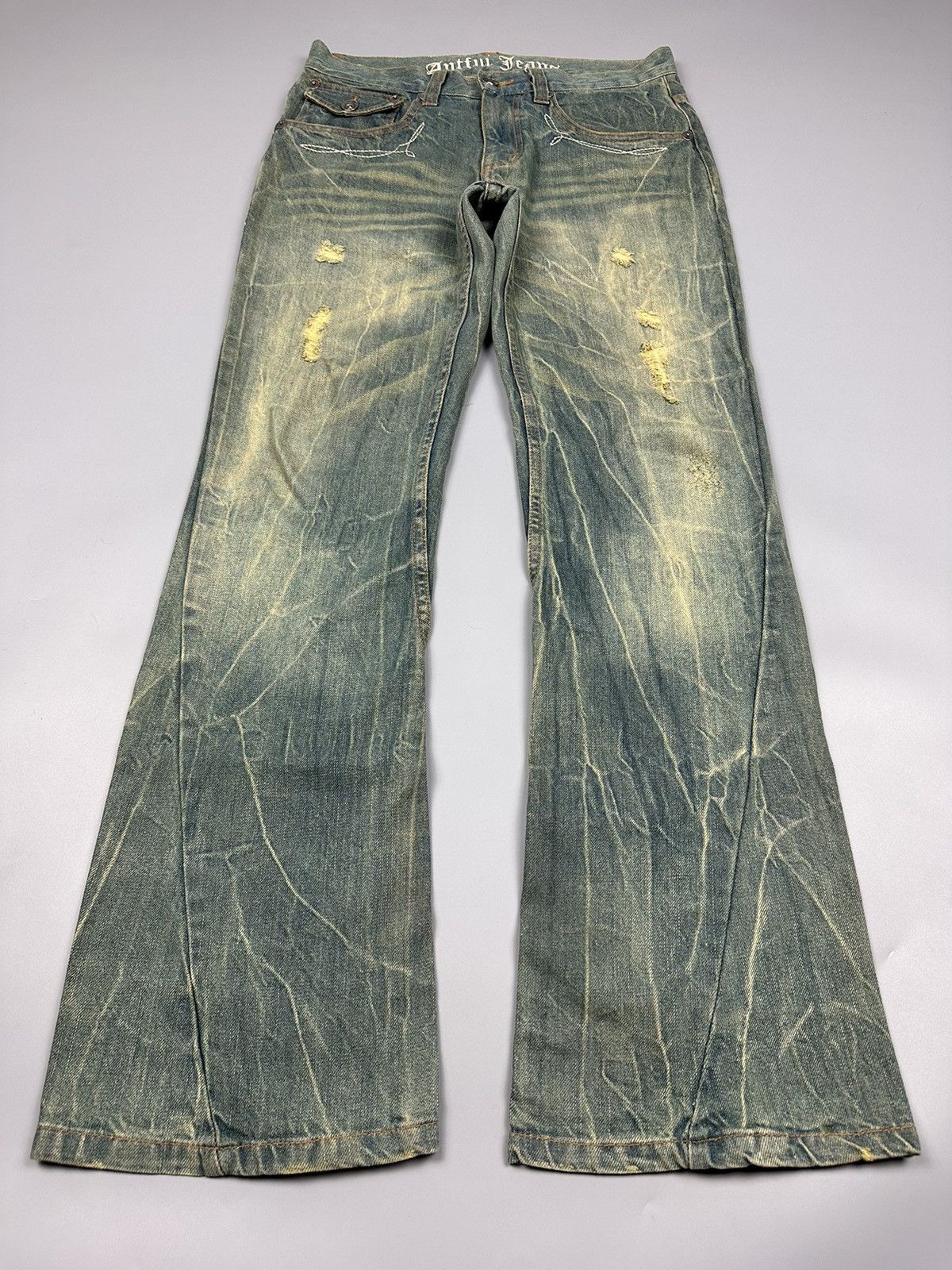 If Six Was Nine × Le Grande Bleu (L.G.B.) Distressed Antful Whiskered Flared Jeans Size US 31 - 3 Thumbnail