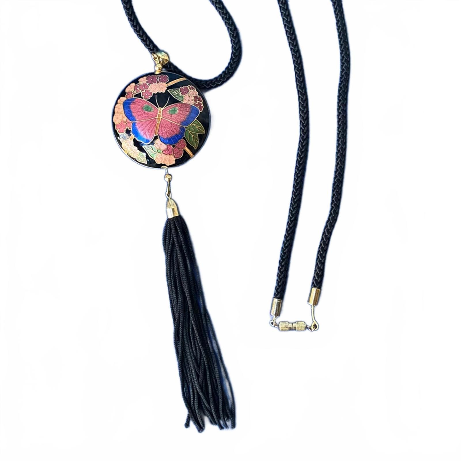 Vintage Vintage Cloisonné Butterfly Pendant Tassel Necklace 70s 80s Size ONE SIZE - 5 Thumbnail