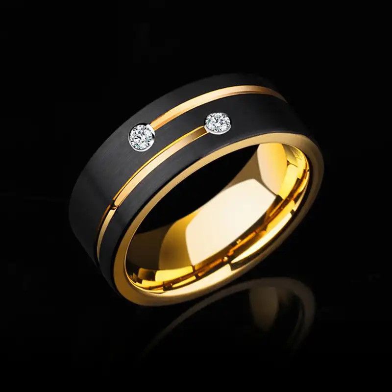 Jewelry Luxury Mens 8mm Black Stainless Steel Gold Color Ring Size ONE SIZE - 2 Thumbnail