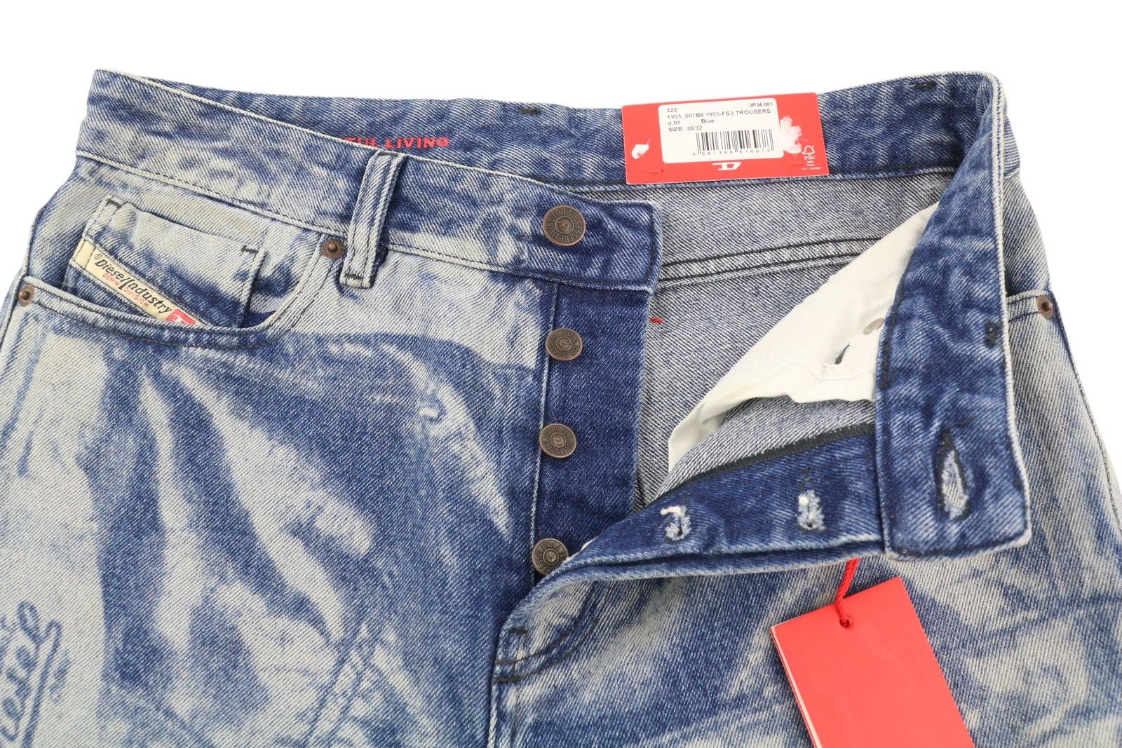 Diesel \1955-FS3 007B8 W30/L32 Blue Washed Pattern 85417 Size US 30 / EU 46 - 5 Thumbnail