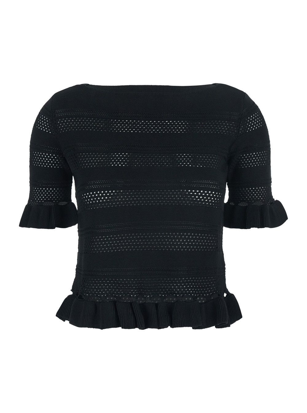 Black Sweater with Ruched Trims and Perforated Design in Wool Blend Woman