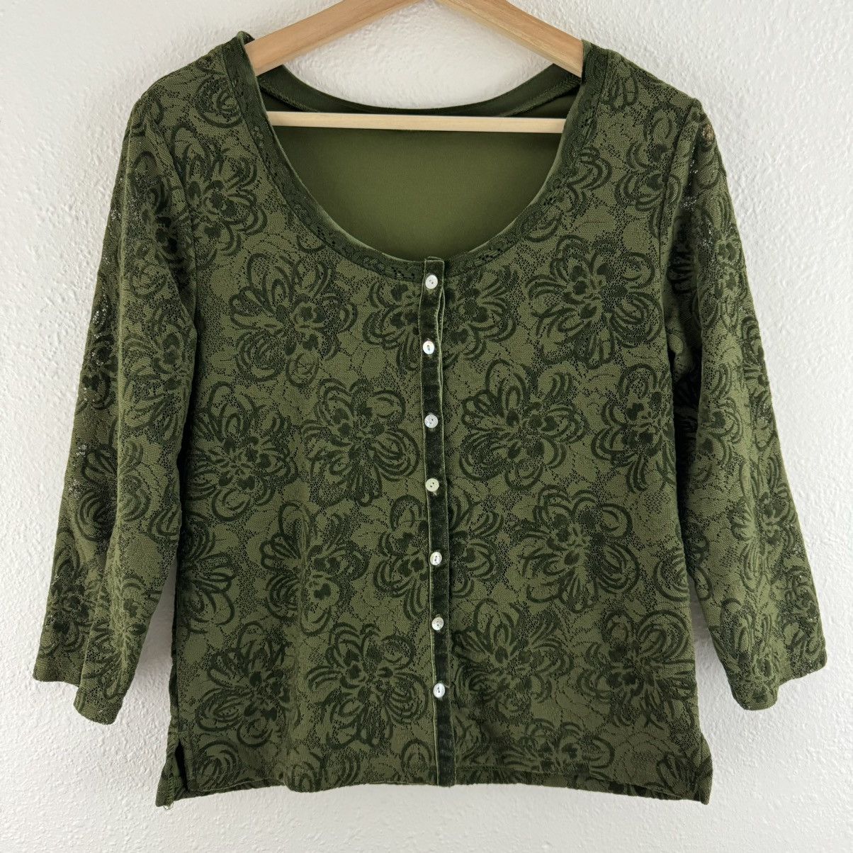 Other Vintage Y2K Moss Green Floral Lace Dainty Button Up Blouse Size M / US 6-8 / IT 42-44 - 1 Thumbnail