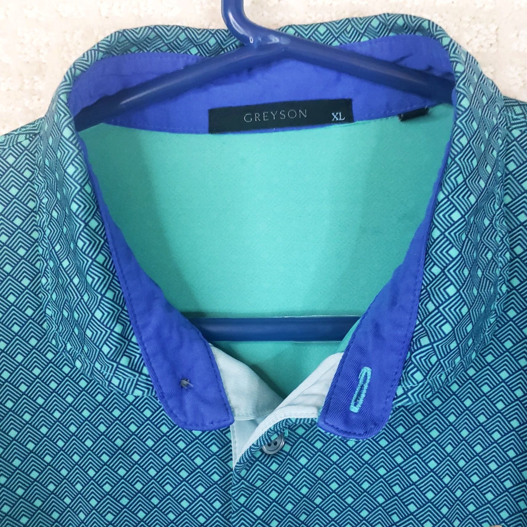 Vintage Greyson Polo Shirt Mens XL Blue Green Geometric Pattern Feather Logo Golf Performance Stretch Short Sleeve Polo Size US XL / EU 56 / 4 - 4 Thumbnail