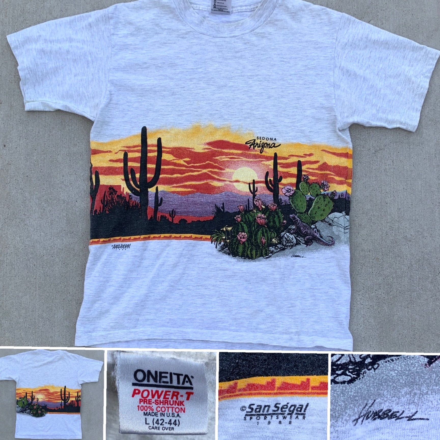 Vintage VINTAGE Oneita T-Shirt Desert Theme Sedona Arizona Gray Cotton Short Sleeve L Men 1980s Graphic Print San Segal 1989 Regular Stitch Size US L / EU 52-54 / 3 - 2 Thumbnail