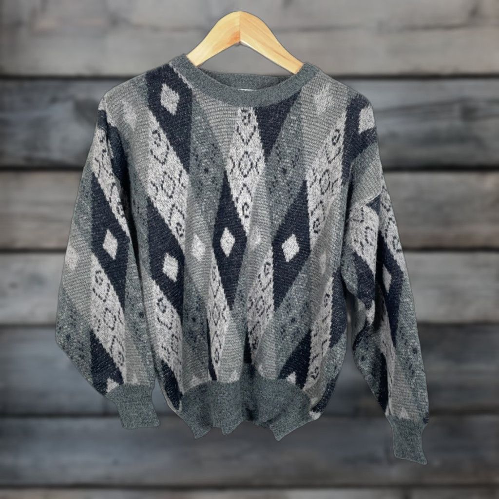 Vintage VINTAGE Brian MacNeil Sweater Men's Large Gray Diamond Pattern Fuzzy Wool Blend Knit Pullover Crew Neck Casual 90s Mens Size US L / EU 52-54 / 3 - 1 Thumbnail