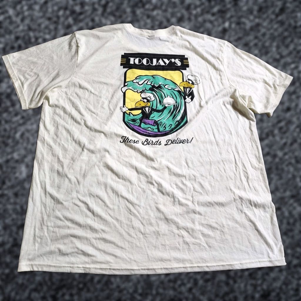 Vintage Mens 3XL TooJay's Deli Restaurant These Birds Deliver T Shirt Double Sided Beige District Threads 80s Florida Vintage No Size US XXL / EU 58 / 5 - 1 Thumbnail