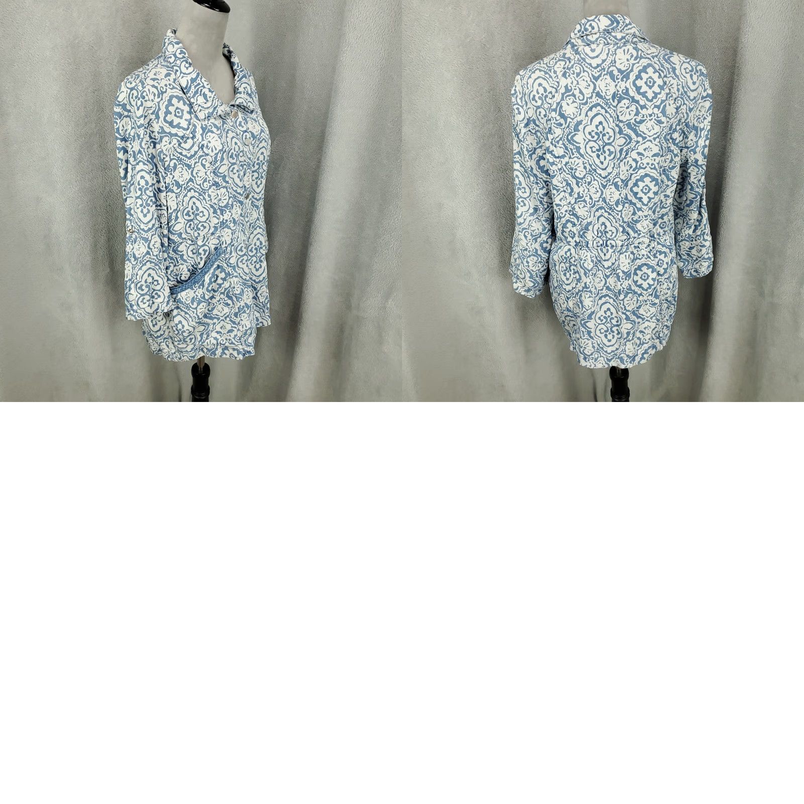 Vintage Chicos Shirt Womens M Blue White Chambray Button-Up Roll Tab Sleeve Shacket Geometric Pockets Vintage No Menus? Size M / US 6-8 / IT 42-44 - 8 Thumbnail