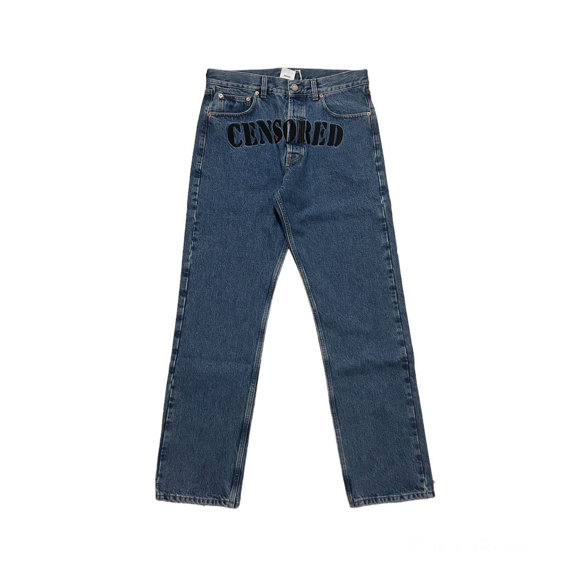 image of New Vetements Embroidered Censored Straight Fit Jeans Size S in Blue, Men's