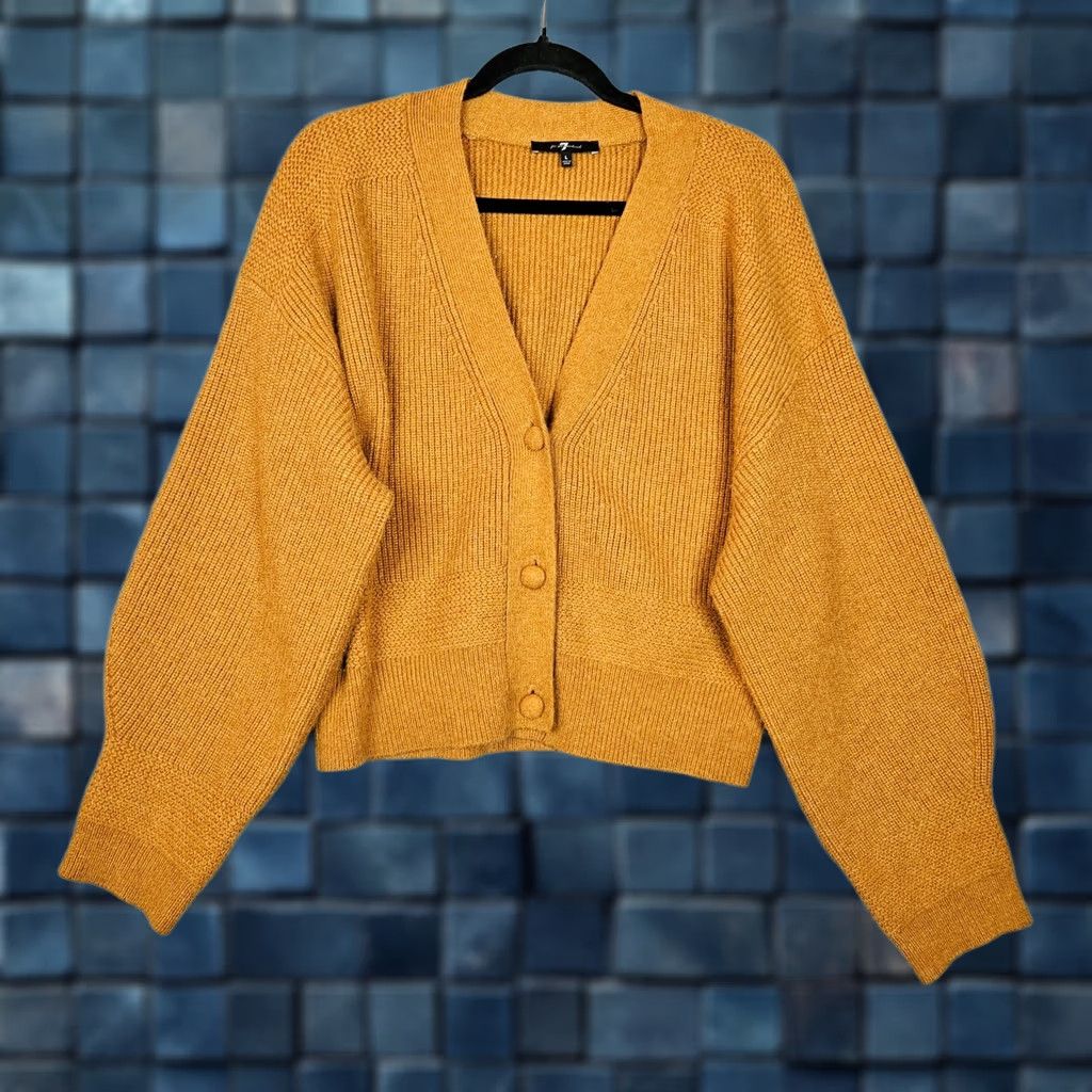 7 For All Mankind Seven For All Mankind Women's Button Up Cardigan Sweater L Yellow Knit Solid Vintage No Size L / US 10 / IT 46 - 1 Thumbnail