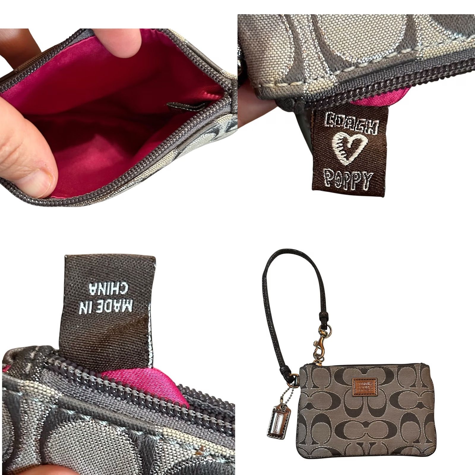 Coach Coach Poppy Gray Logo Signature & Metallic Silver Leather Wristlet Wallet Women Size ONE SIZE - 10 Thumbnail