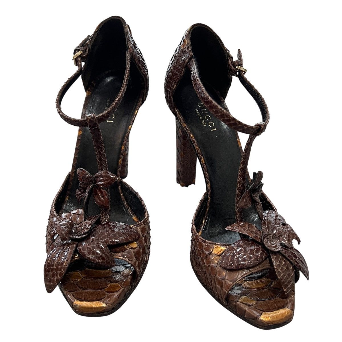 Gucci GUCCI Brown Python Flower Motif Open-Toe High Heel Size US 7.5 / IT 37.5 - 1 Thumbnail