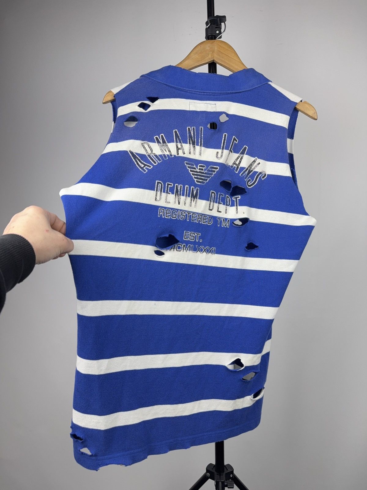 Armani Vintage 90s Armani Jeans Distressed Striped Polo Vest Y2K Size US L / EU 52-54 / 3 - 16 Thumbnail