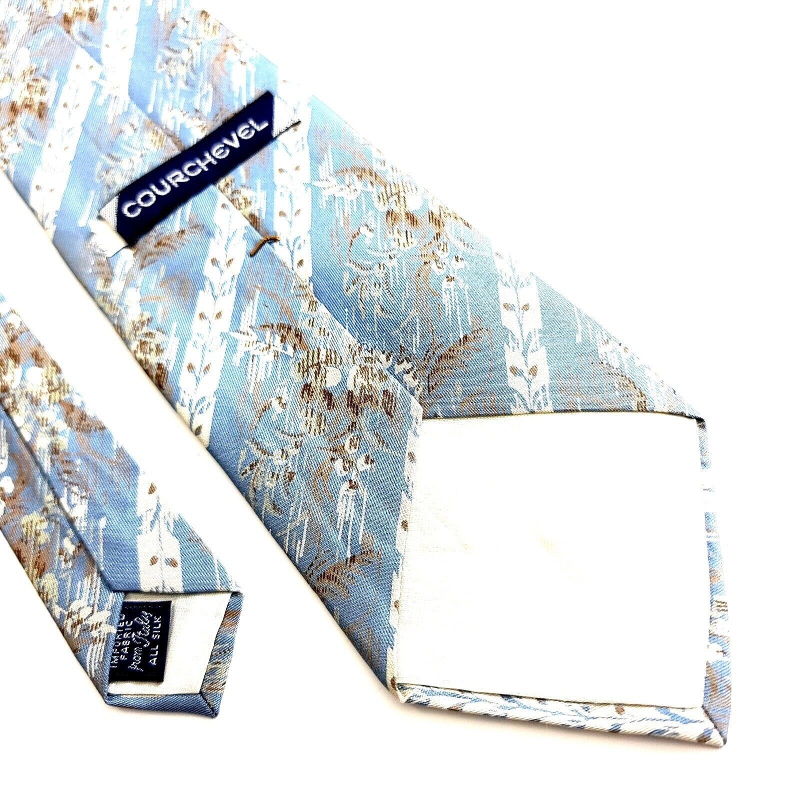 Designer Courchevel Blue Tan Floral Striped Print Wide Silk Tie Size ONE SIZE - 5 Thumbnail