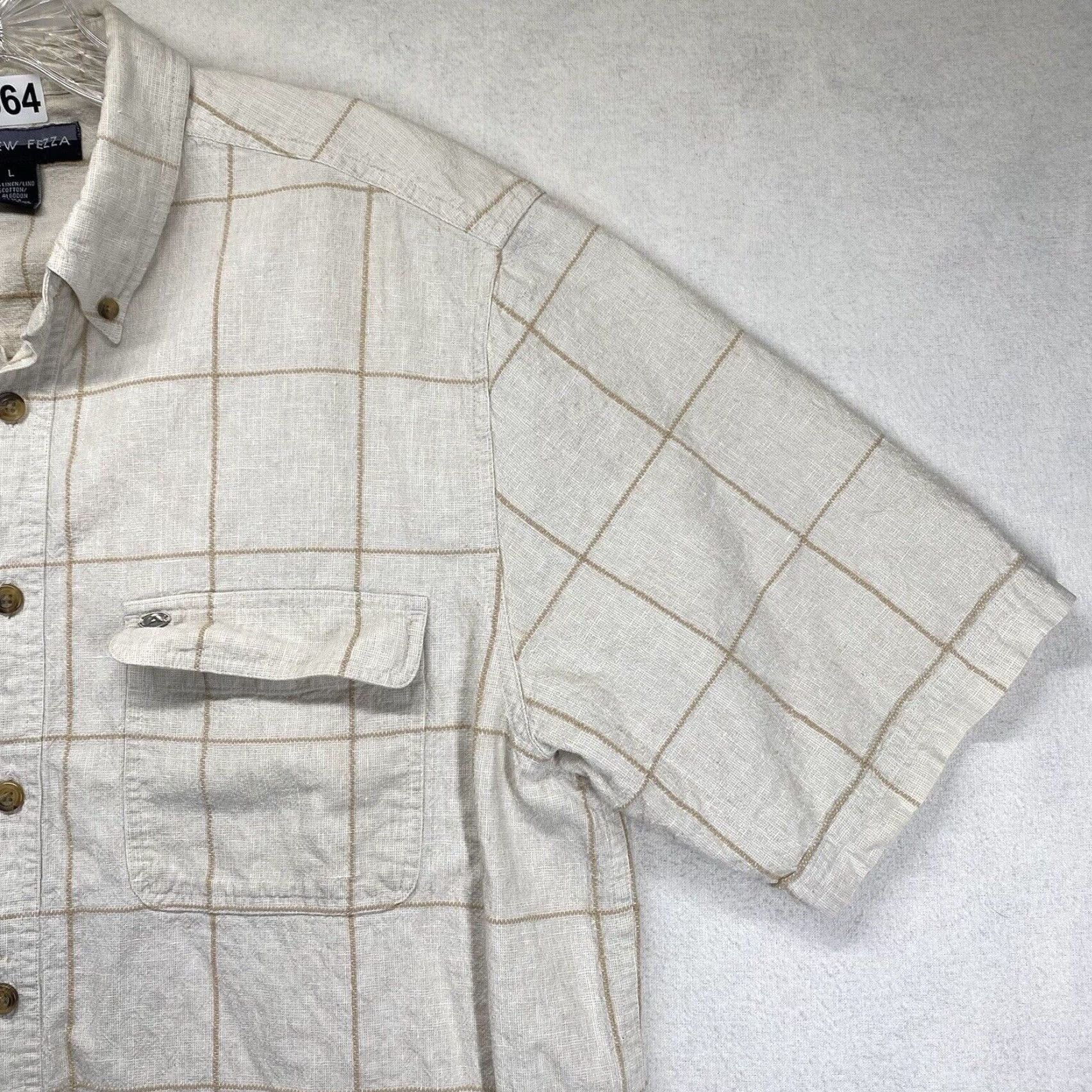 Vintage VINTAGE Andrew Fezza Men's Short Sleeve Button-Down Shirt Woven Linen Blend Checkered Summer Vacation L Beige Size US L / EU 52-54 / 3 - 6 Thumbnail