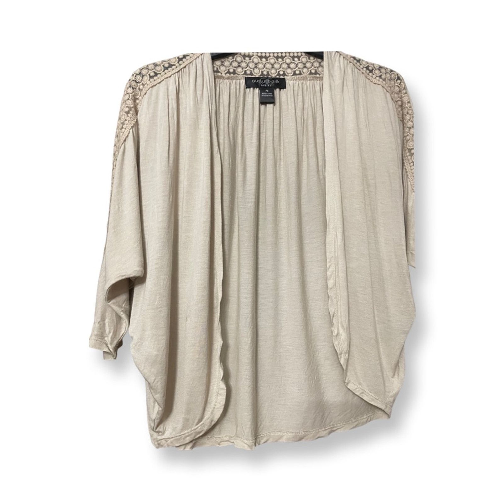 Other August Silk Cardigan Batwing Lace Trim Open Front Beige W PS Size S / US 4 / IT 40 - 3 Thumbnail