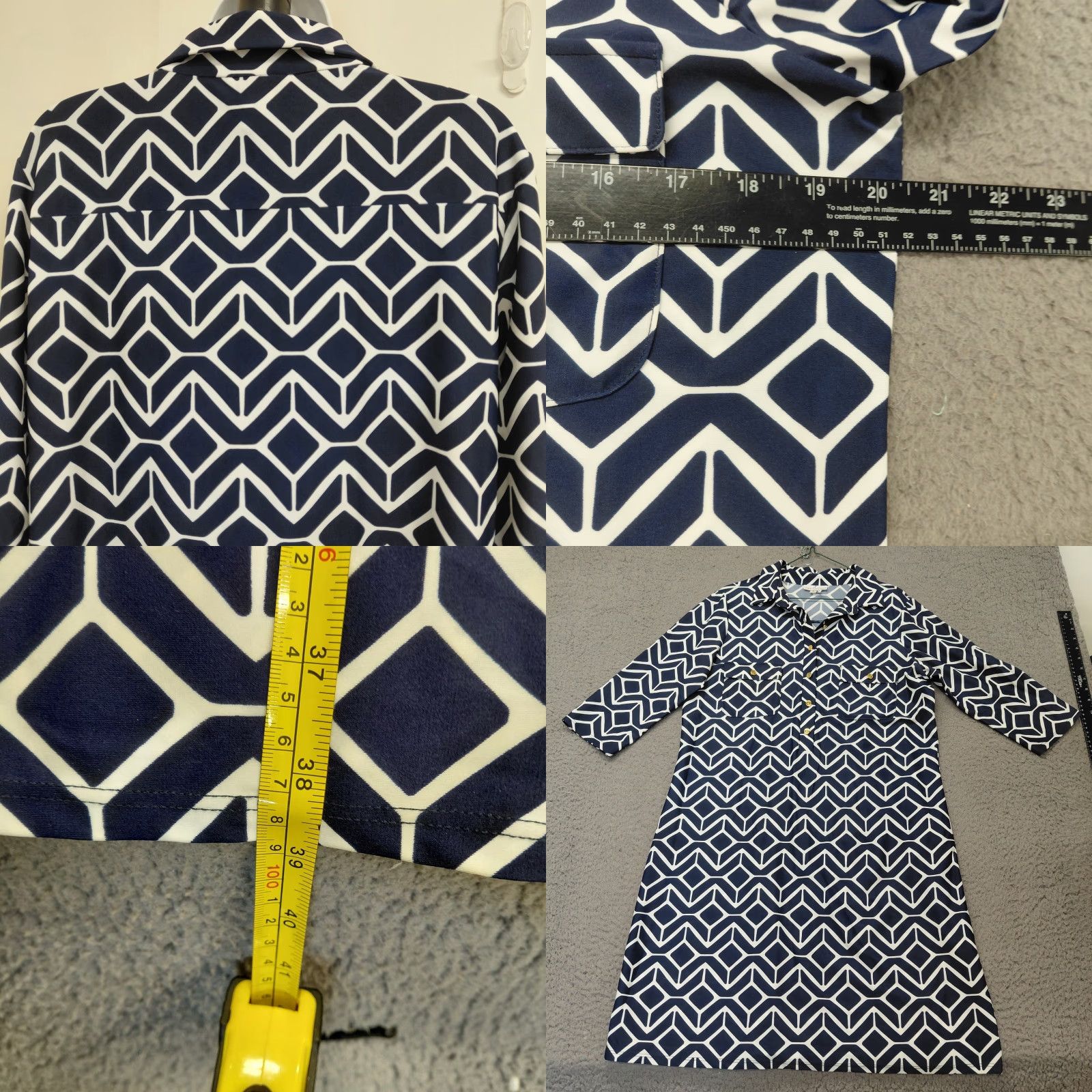 Vintage Jude Connally Shirt Dress Women's Large Blue/White Geometric Button Knit 3/4 Sleeve Knee Length VINTAGE? No, not vintage. Size L / US 10 / IT 46 - 9 Thumbnail