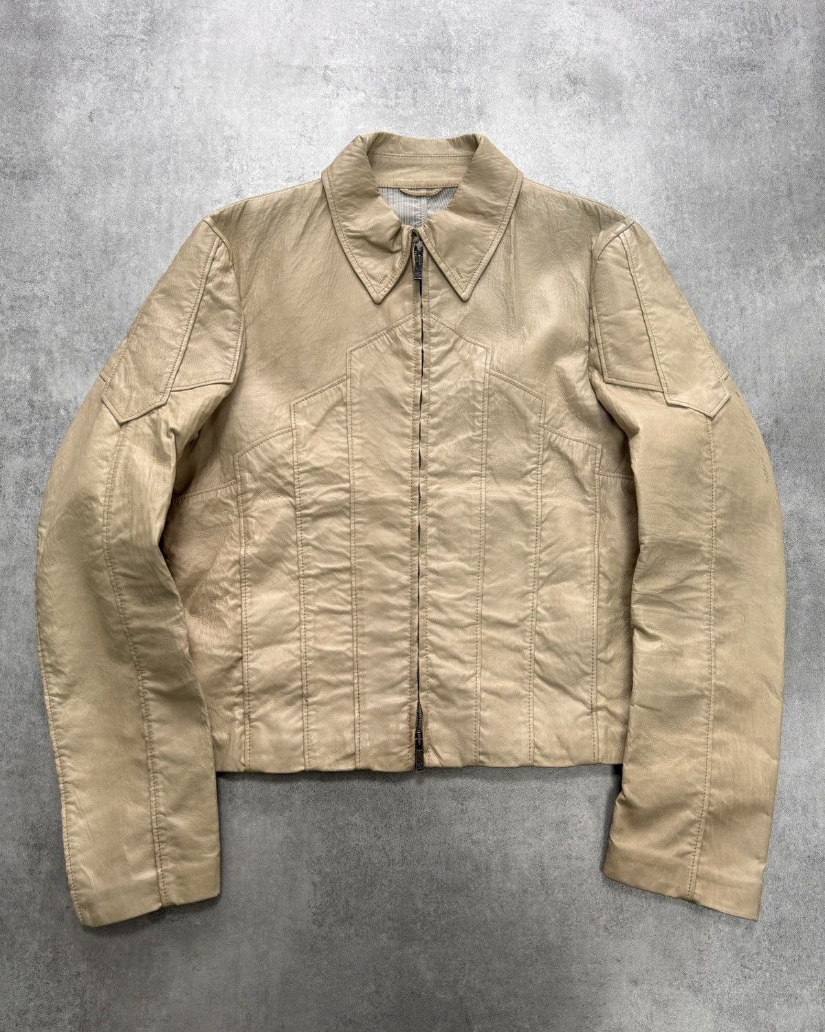 image of 1990S Giorgio Armani Sand Armor Patches Leather Jacket (S) in Beige, Men's (Size Small)