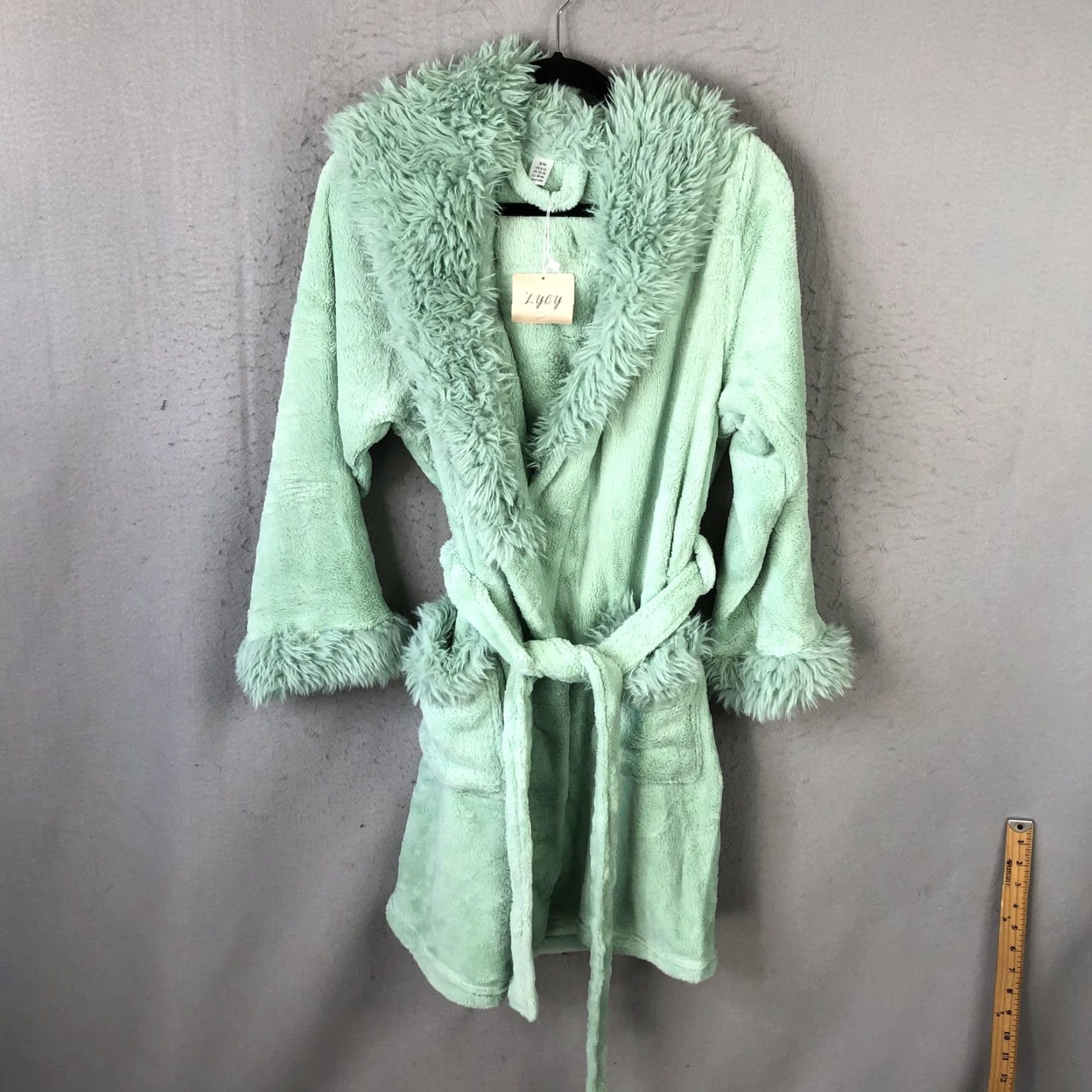 Vintage LYCY Robe Womens S/M Green Faux Fur Trim Hooded Plush Fleece Lounge Cozy Bath Size ONE SIZE - 2 Thumbnail