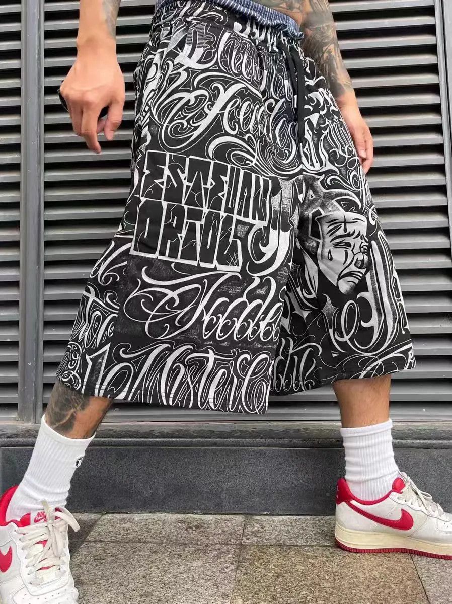 image of Vintage Hip Hop Tattoo Loose Casual Shorts in Black, Men's (Size 28)