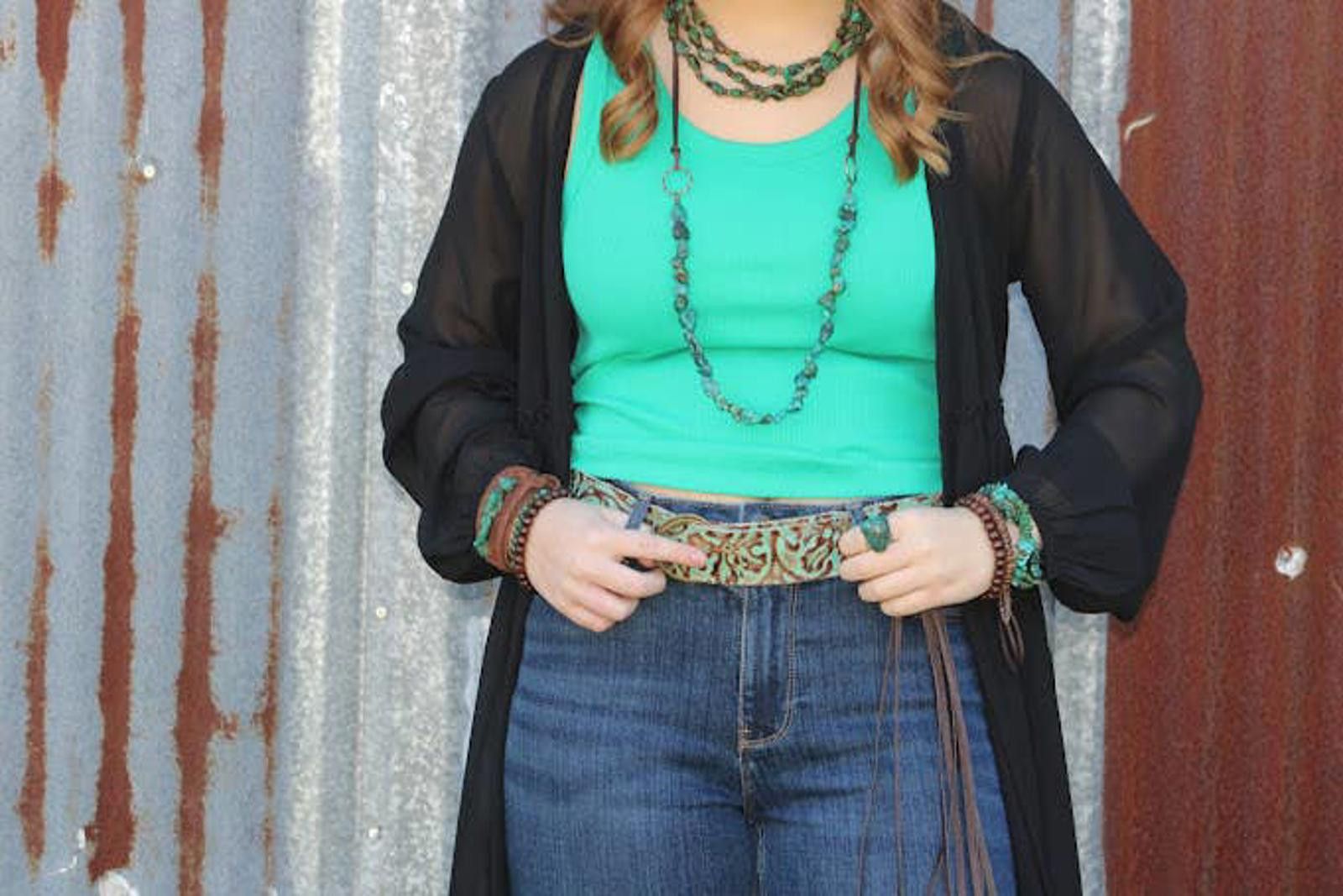 Other Turquoise Cowboy Leather Belt with Leather Fringe Size ONE SIZE - 3 Thumbnail