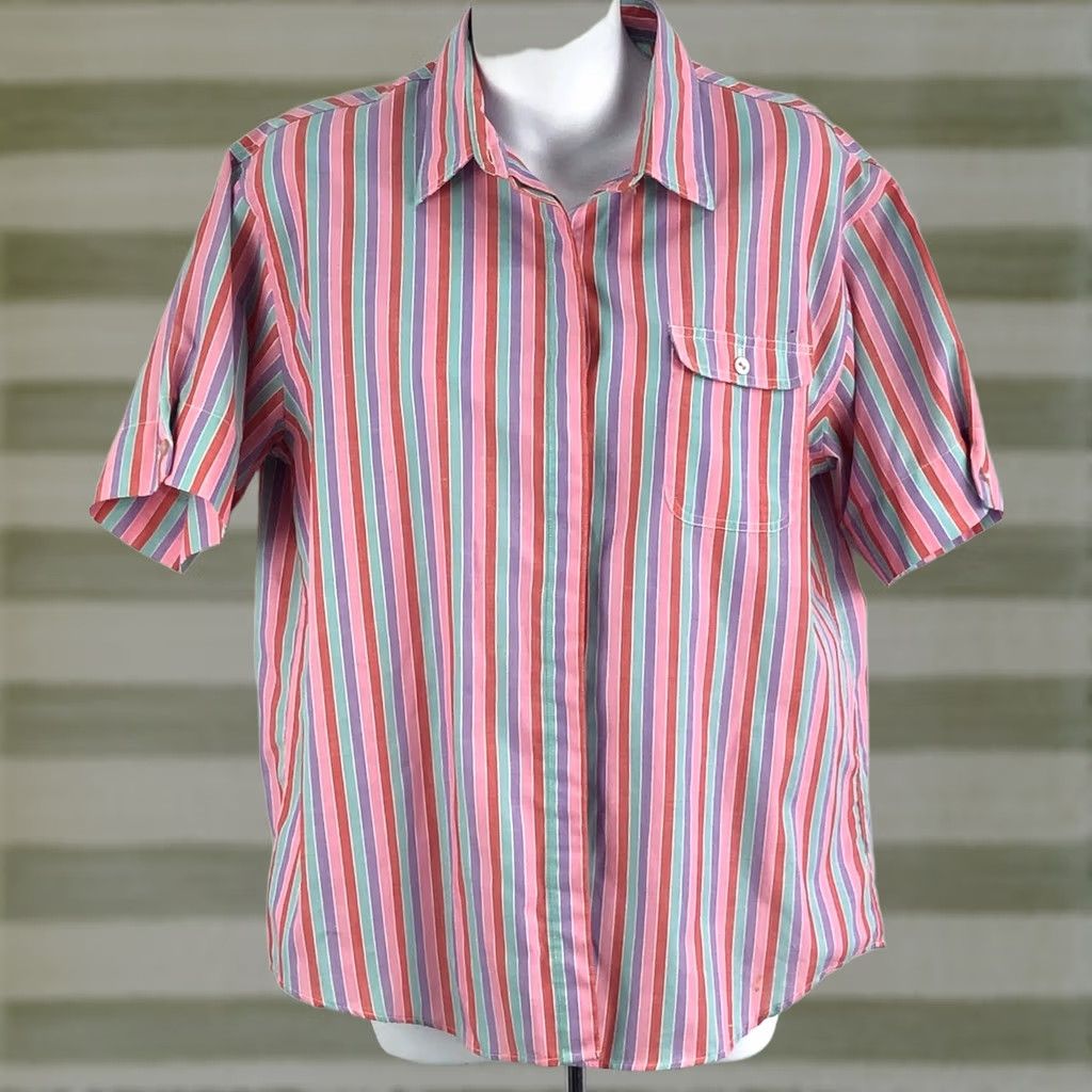 Halston VINTAGE Halston top shirt 14 pink/purple stripe pocket collar 80s 90s Classic Size XL / US 12-14 / IT 48-50 - 1 Thumbnail