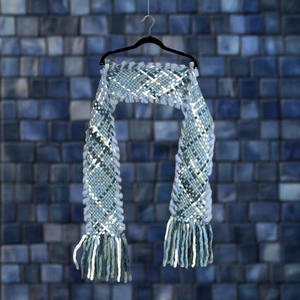 Vintage Wool Rabbit Fur Scarf Womens One Size Blue Plaid Chunky Knit Fringe Winter Cozy Size ONE SIZE - 1 Thumbnail