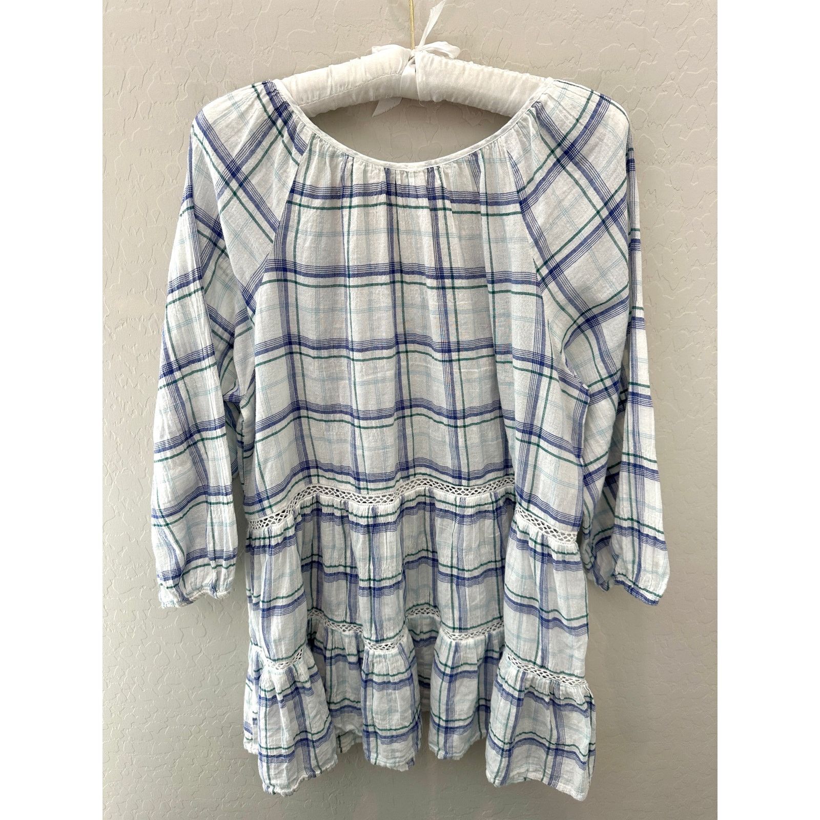 Anthropologie ANTHROPOLOGIE White Blue Plaid Peasant Cotton Tunic Blouse Size L / US 10 / IT 46 - 5 Thumbnail