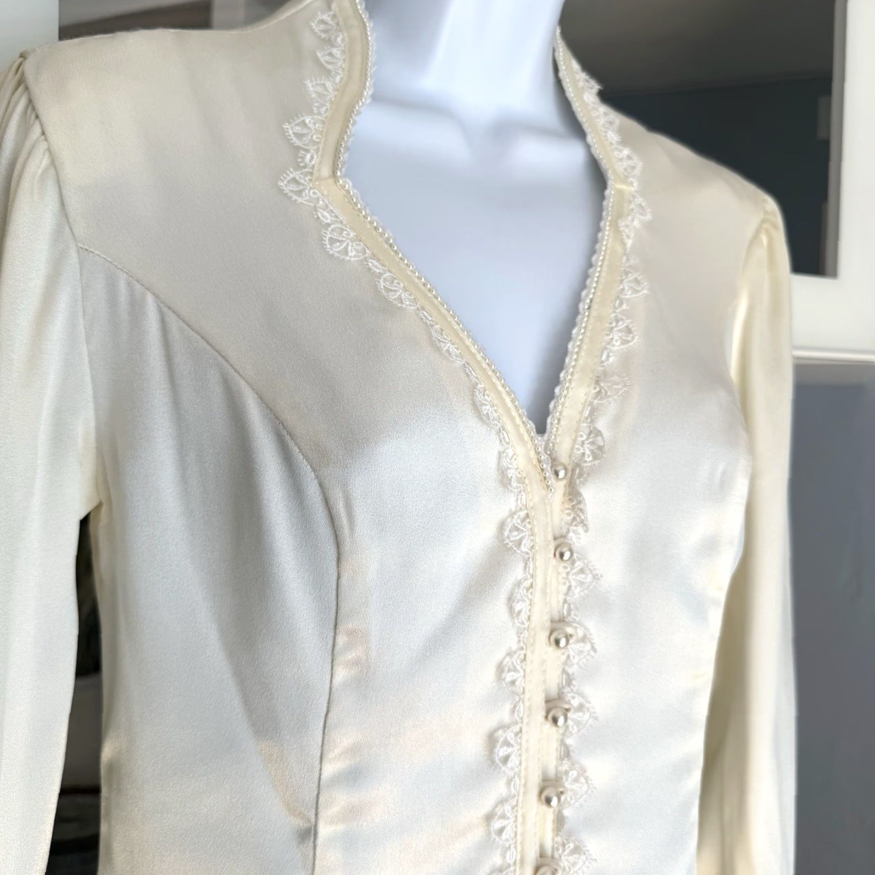 Vintage Vtg Jessica Gunne Sax Sz 5 Lace Beads Satin Edwardian Button Up Blouse Ivory Size S / US 4 / IT 40 - 2 Thumbnail