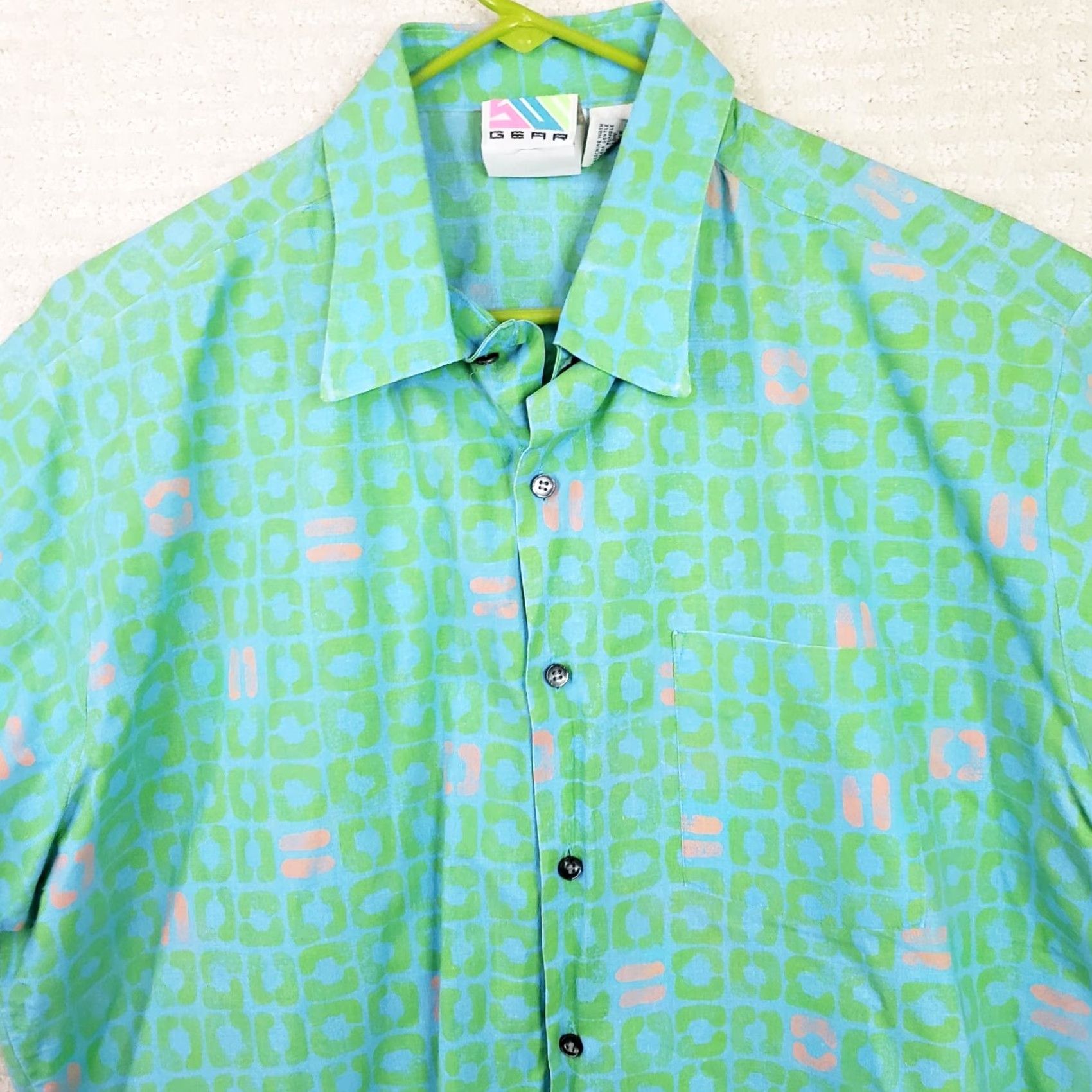 Pinko VINTAGE Surf Gear Shirt XL Adults Green Pink 1990s Short Sleeve Button-Front Hawaiian Cotton Shirt Mens Size US XL / EU 56 / 4 - 4 Thumbnail