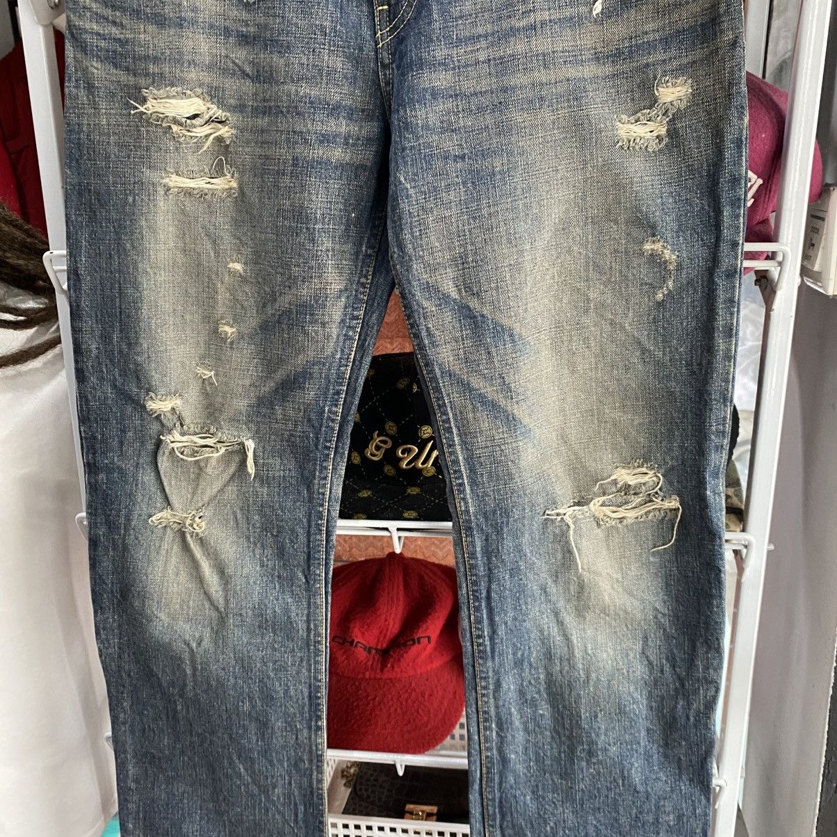 Le Grande Bleu (L.G.B.) LGB Distressed Blue Denim Jeans | Vintage Wash Ripped Style Size US 33 - 9 Thumbnail