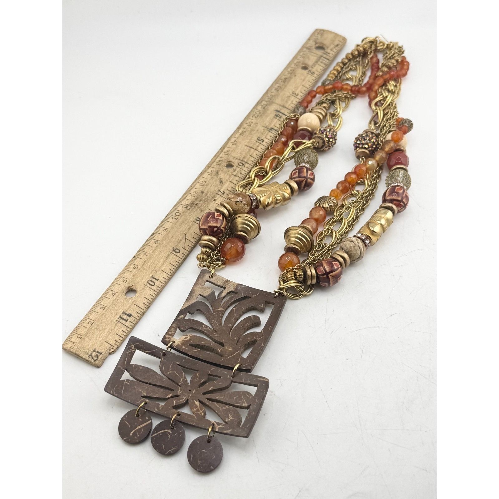 Vintage Vintage multi strand orange glass beaded bamboo wood pendant Size ONE SIZE - 4 Thumbnail