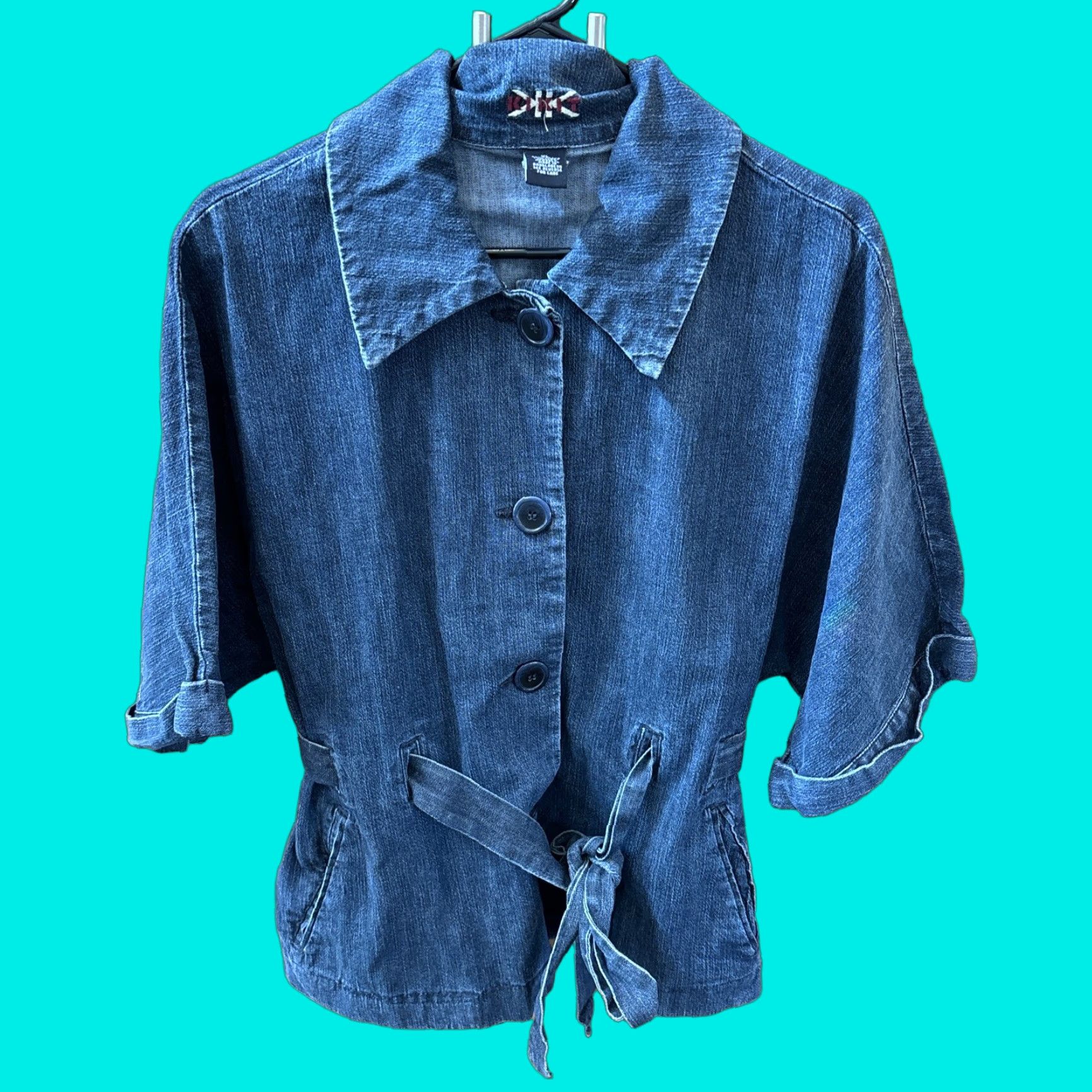 Denime VINTAGE Kikit Denim Jacket Buttons 3/4 Sleeve Pockets Belted Cotton Point Collar XL Blue Size XL / US 12-14 / IT 48-50 - 1 Thumbnail