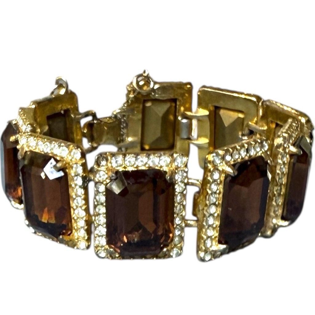 Vintage BELLINI Vintage Signed Gold Tone Rhinestone Emerald Cut Brow Size ONE SIZE - 4 Thumbnail