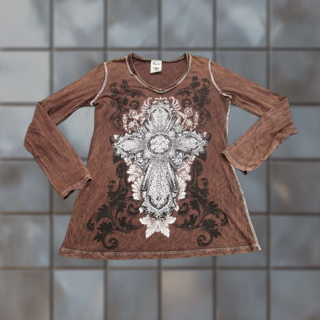 Vintage Vocal Shirt Womens L Brown Rhinestone Cross V-neck Made USA y2k Mall Cyber goth Shirt Woman Long Sleeve Tunic Size L / US 10 / IT 46 - 1 Thumbnail