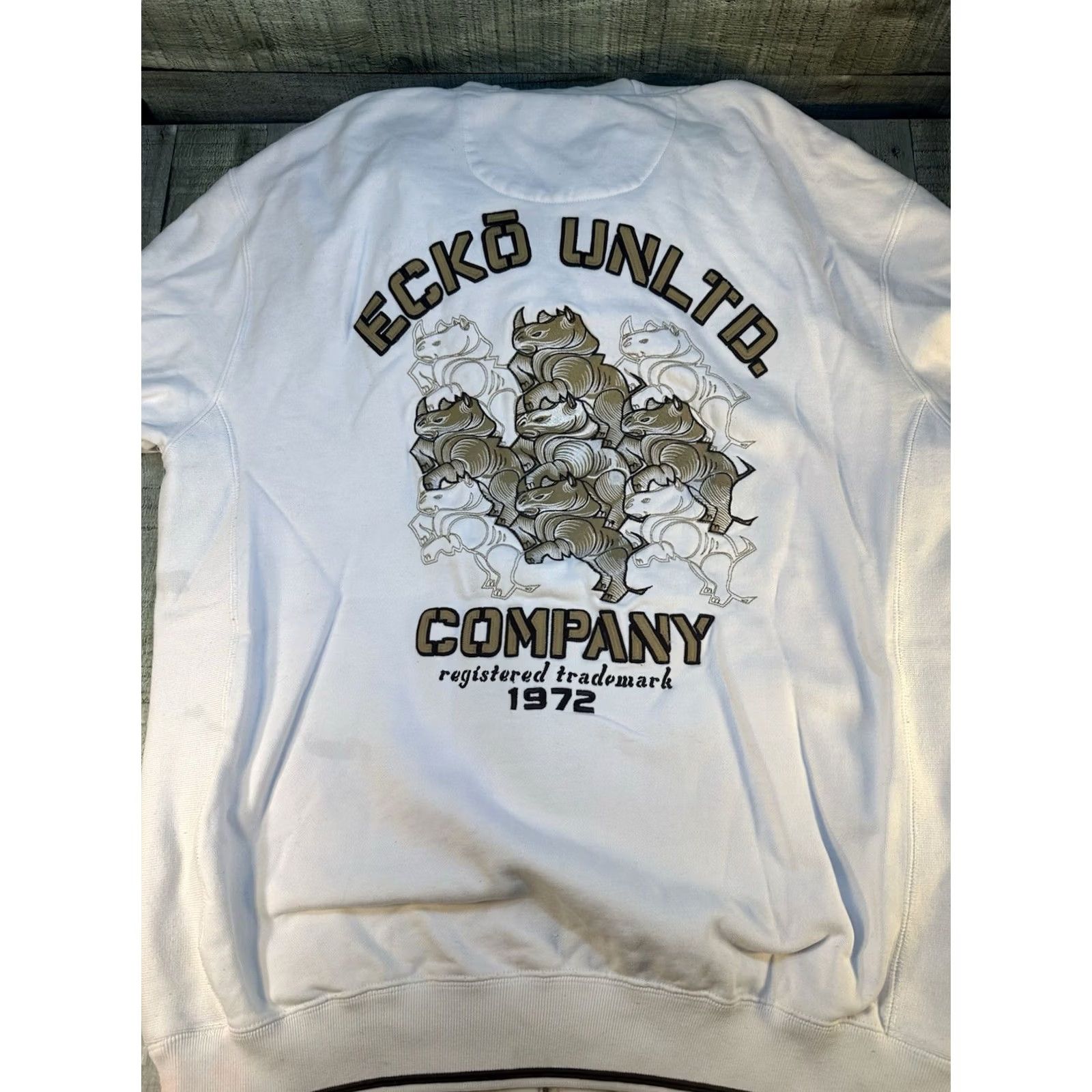 Vintage Y2K Ecko Unltd Hoodie Art of Progress 1972 Rhino L Ivory Mens Zip Pullover Vintage Size US L / EU 52-54 / 3 - 7 Thumbnail