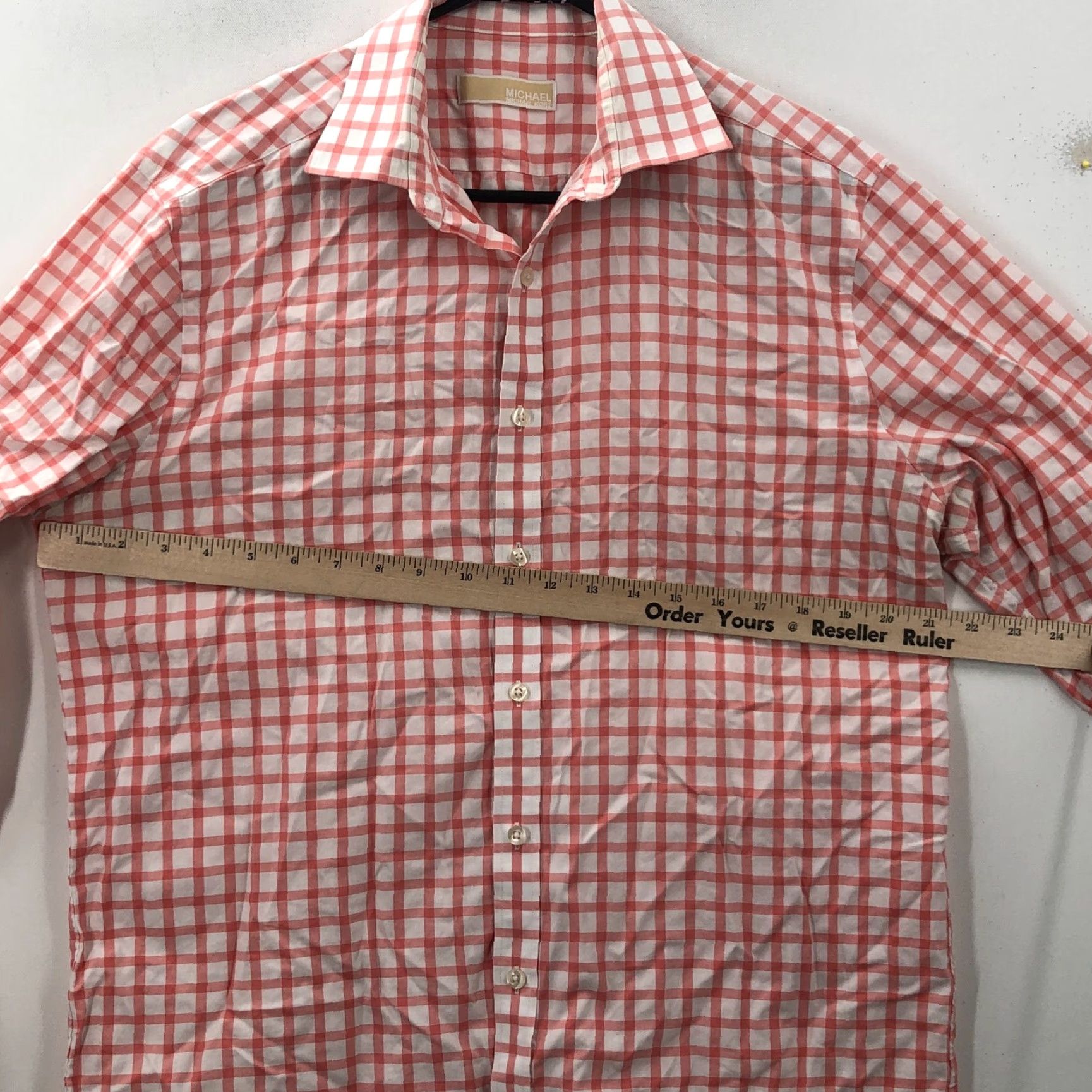 Michael Kors Michael Kors Mens Button-Up Shirt 16 Coral White Long Sleeve Collared Check Pattern Cotton Blend Casual Classic Mens Size US L / EU 52-54 / 3 - 5 Thumbnail