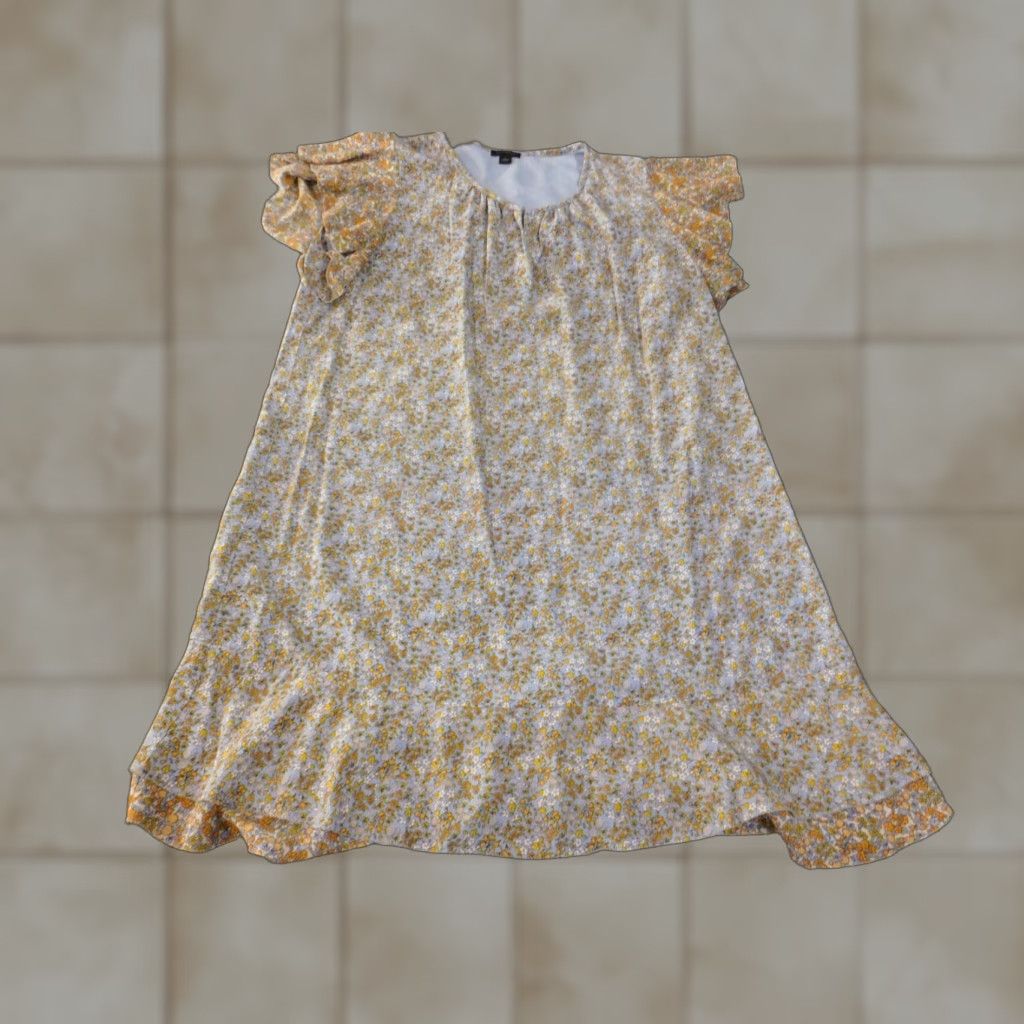 Ann Taylor Ann Taylor Dress Womens Large Blue Floral Lined Ruffles Pullover A-Line Knee Length Casual Crew Neck Polyester Rayon Straps Size L / US 10 / IT 46 - 1 Thumbnail