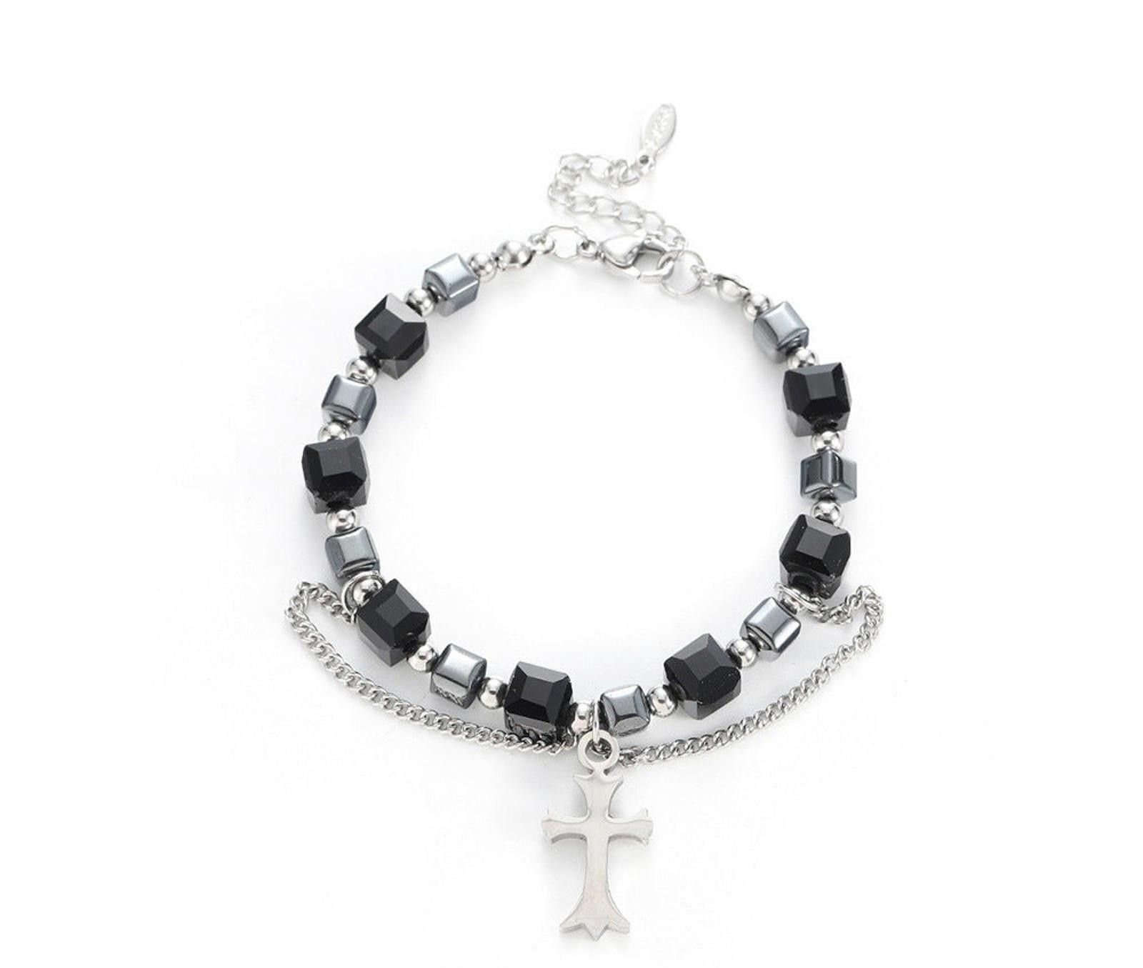 Jewelry Black Beaded Cross Charm Men's Bracelet Size ONE SIZE - 5 Thumbnail