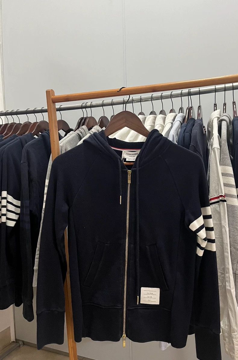 Thom BrowneClassic four-stripe blue hooded jacket 2503-Next