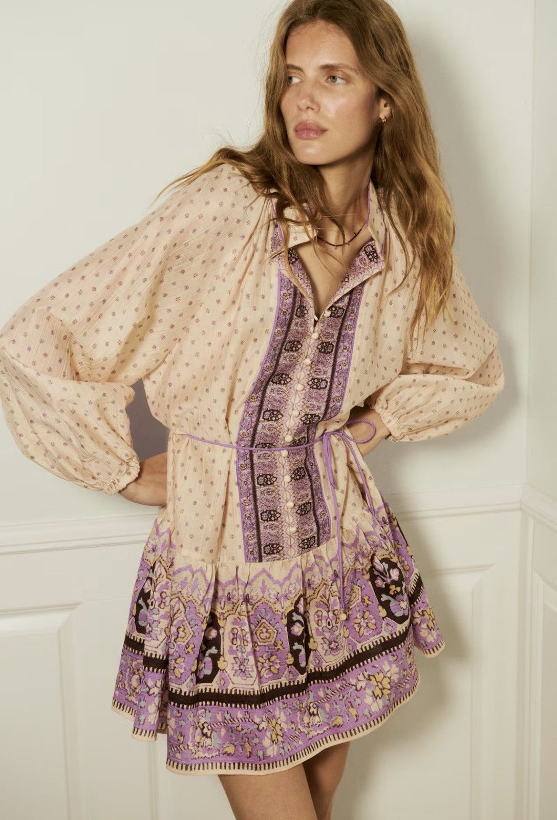 H&M H&M Short Tunic Dress Beige & Lilac Size L / US 10 / IT 46 - 1 Thumbnail