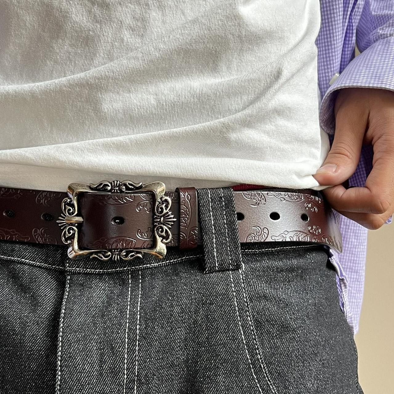 Other Vintage Embossed Leather Belt Brown Western Belt Size ONE SIZE - 3 Thumbnail