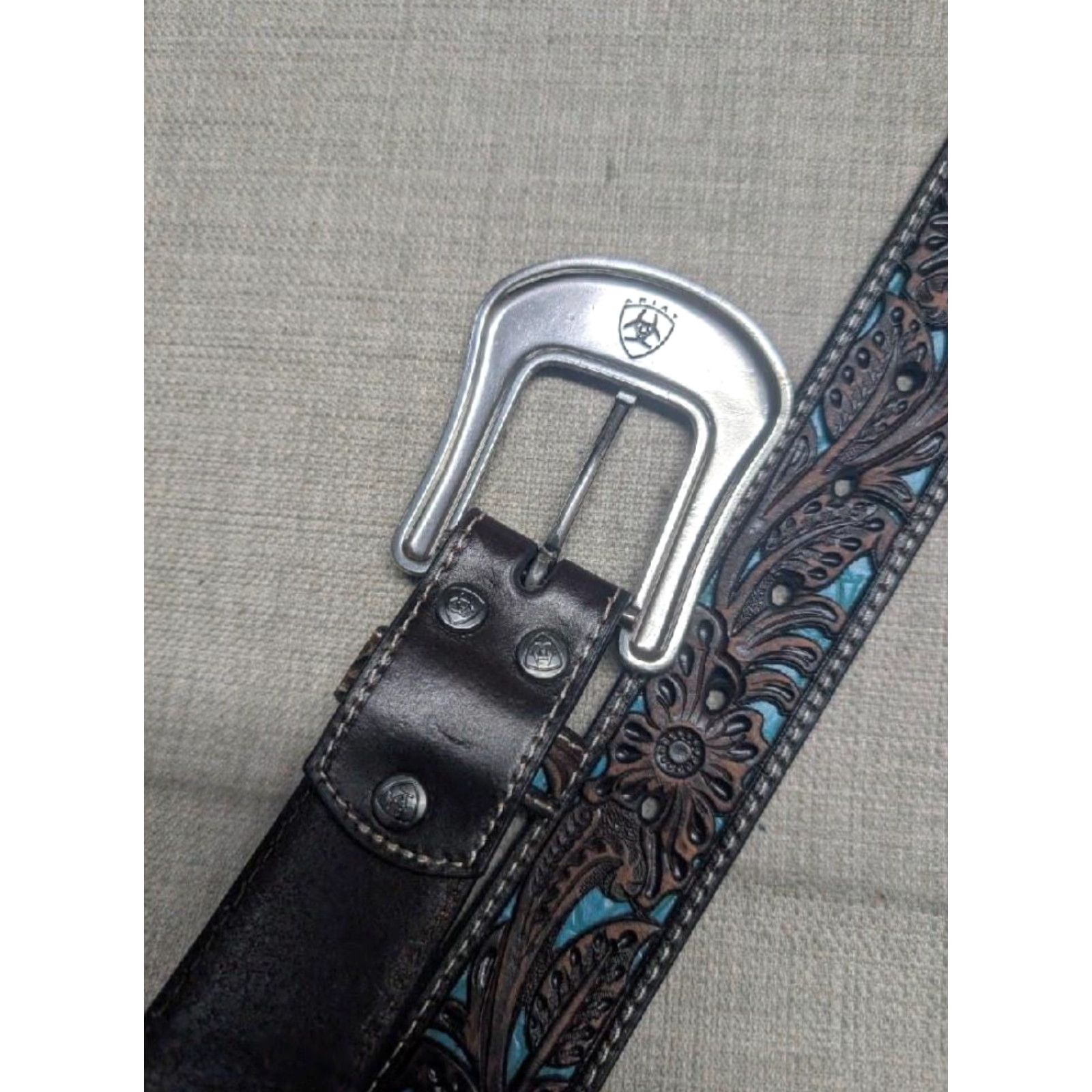 Ariat VINTAGE Ariat belt TOOLED leather WESTERN floral STUDDED buckle 30 brown belt Adult Men XS? Size 30 - 7 Thumbnail