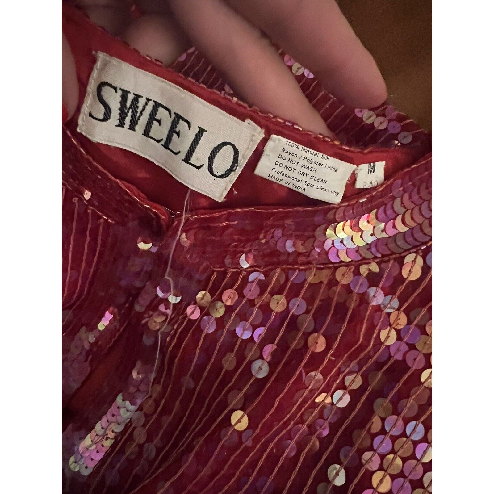Vintage Sweelo Kazar 100% Silk Linked Beaded Sequin Jacket Red Pink Size M / US 6-8 / IT 42-44 - 3 Thumbnail