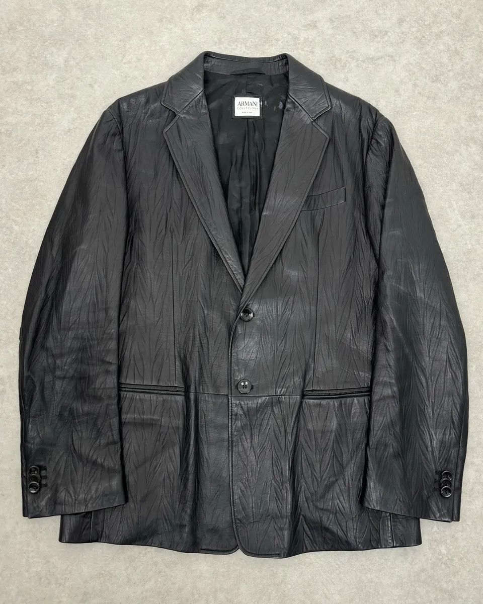 2010s Armani Leaves Embossed Black Leather Blazer Jacket